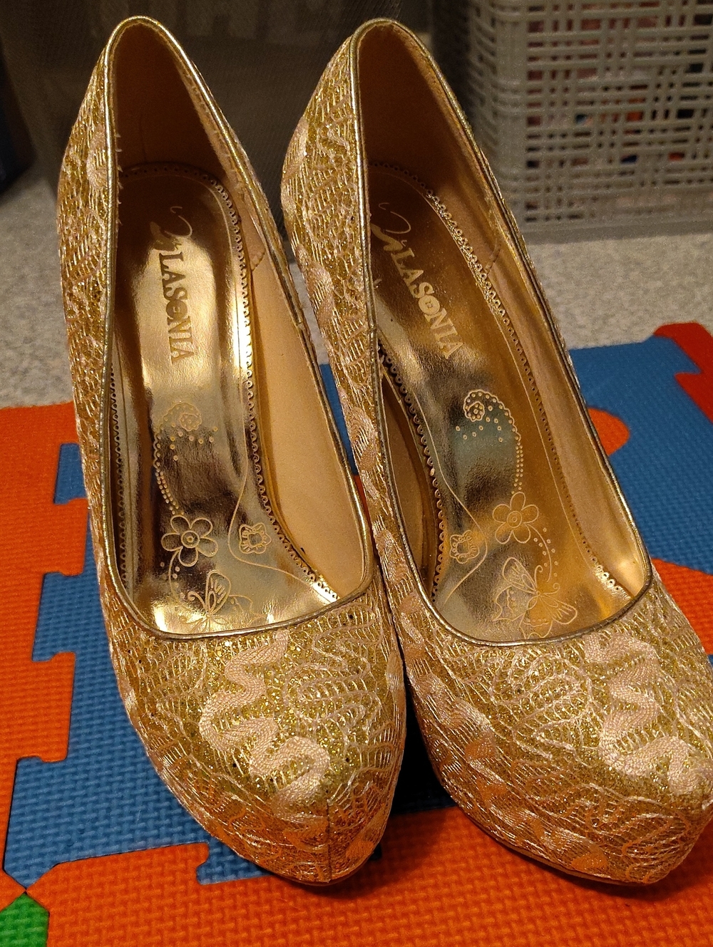 Gold Lace Platform Stilettos - Women's Elegant Heels